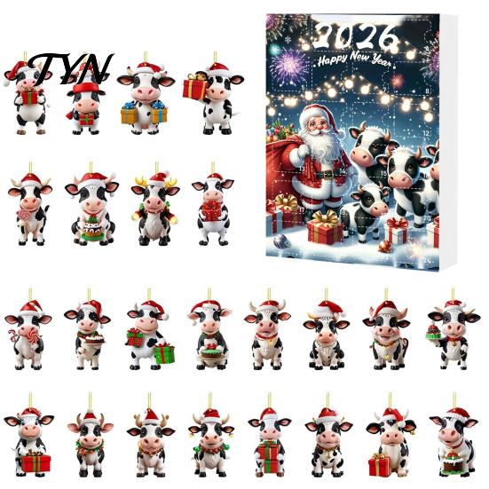 2026 Holiday Atmosphere Gift Set Christmas Cow Ornament Advent Calendar 2026, 24 Days 2D Acrylic Hanging Pendant Flat for Car Rearview Mirror