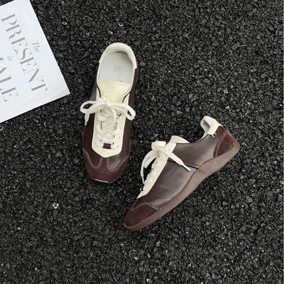 Retro runder Kopf kontrastfarben lässig vielseitig Schnürer Sportstil Board Schuhe Damen College-Stil bequem flache Sohle Ballett Training