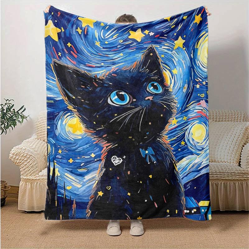 1pc Starry Night Kitten Cartoon Blanket Home Decorative Throw Gift Perfect for Couch Bed Living Room