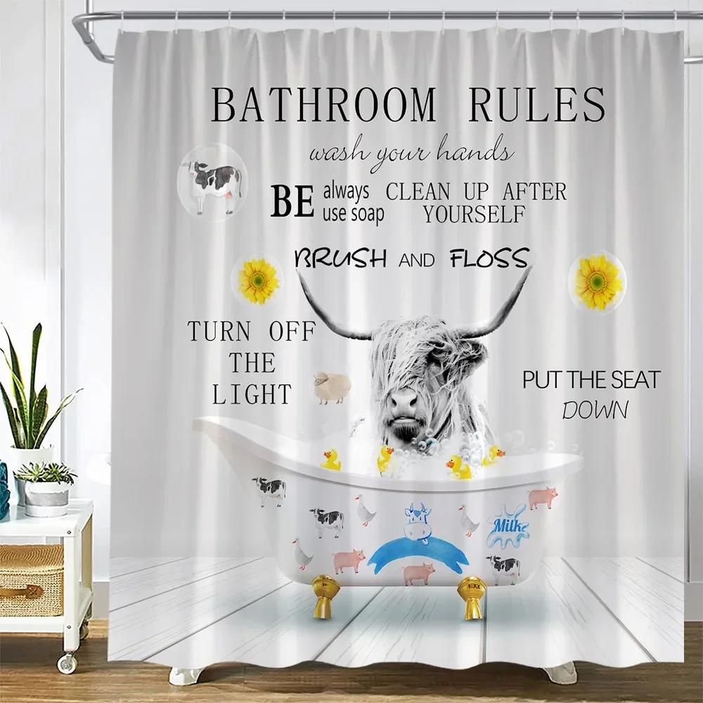 Bathroom Rules Animal Shower Curtains Sea Turtle Octopus Farm Cow Highland Cattle Sunflower Creative Bath Curtain Home Decor Set