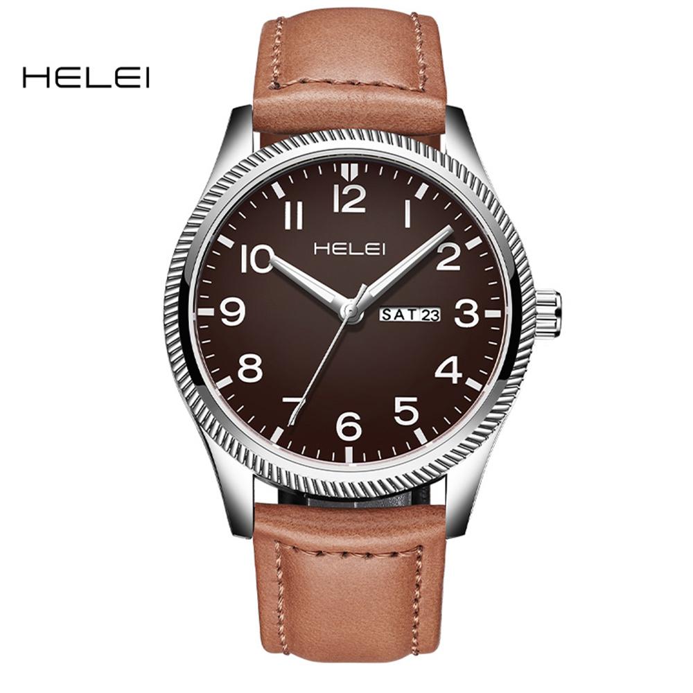 HELEI Sport Men Watch Top Brand Luxury Military Waterproof Male Clock Quartz Business Original Leather Wristwatch Gift 9007AL