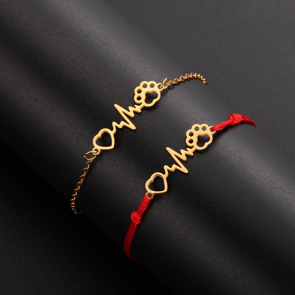 Heartbeat ECG Cat Paw Pendant Bracelet For Women Wax Cord Jewelry Gift