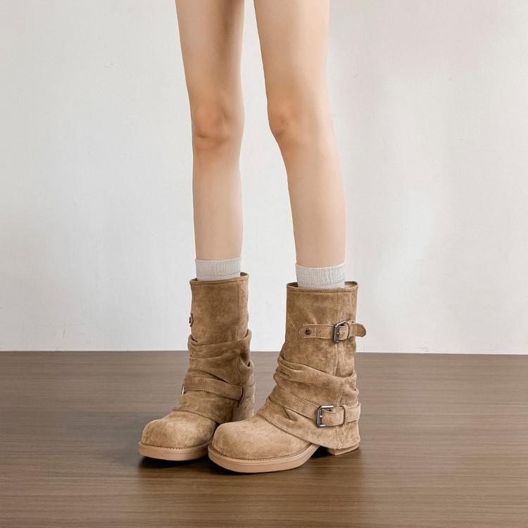 Soft Leather Version! Thick Heel Pleated Pile Booties Women's Autumn and Winter Maillard Vintage Western Trousers Martin Boots