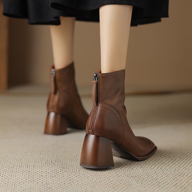 Stručné Retro Dámské Kotníkové Boty s Kulatou Špičkou Podzim Zima Pravá Kůže Silný Vysoký Podpatek Základní Boty pro Office Lady Žena 2024 Nové