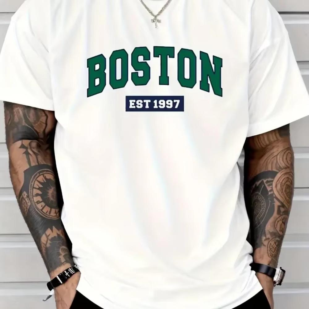 Boston EST1997 Vintage Printed Men's New 100% Cotton T-shirt Fashion Casual Loose Summer Cotton Short-sleeved T-shirt