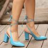 Turquoise Faux Leather Thick Heel Pumps for Women Ankle Strap Sandals for Women Casual Shoes Ma-028