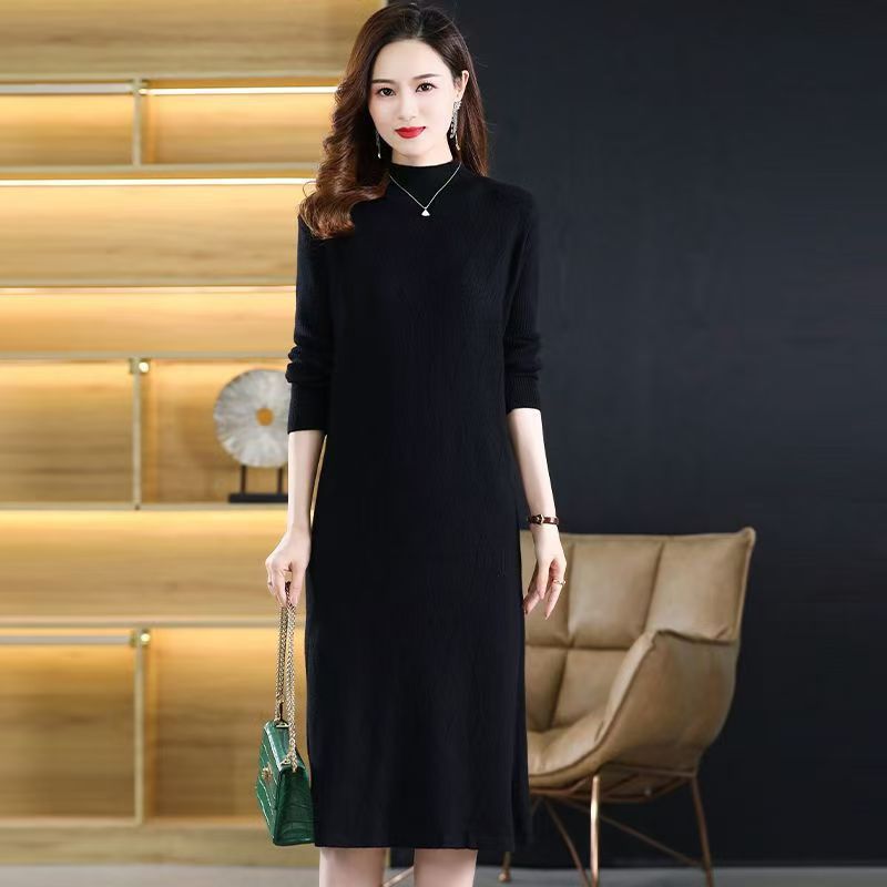 Jednobarevné pletené svetrové šaty střední délky pro ženy s polovičním rolákem, volné, s dlouhým rukávem, pletené svetrové šaty na podzim a zimu