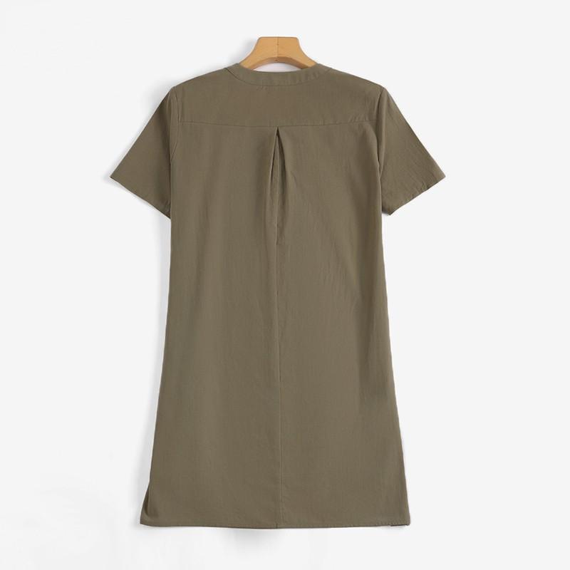 Women Linen Shirt V Neck Half Button Short Sleeve Loose Fit Casual Tunic Top