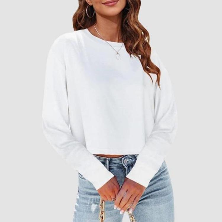 Casual Daily Wear Women Cropped Tops Loose Fit Solid Color Pullover Round Neck Long Sleeves Tops