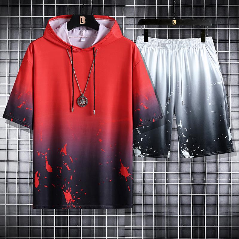 2021 Summer Men's Loose Fit Hooded Short Sleeve Sport Set