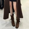 Sheepskin Version~ Retro Square Head Thick Heel Heightened Western Cowboy Boots Belt Buckle Martin Boots Women's 2025 New Short Boots