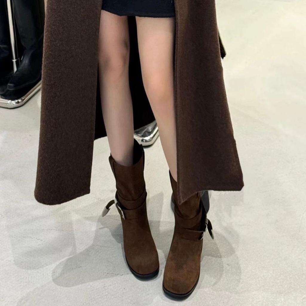 Sheepskin Version~ Retro Square Head Thick Heel Heightened Western Cowboy Boots Belt Buckle Martin Boots Women's 2025 New Short Boots