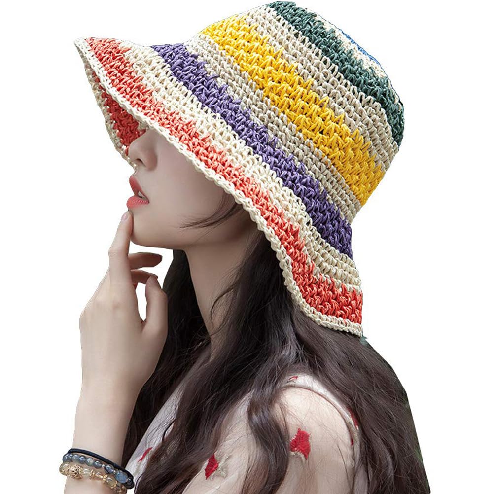 

Красочная соломенная летняя шляпа от солнца с широким регулируемым козырьком [ZUOMA], полоски, шляпа ручной работы, радуга, отпуск, пляж, шляпа, UPF50+, защита,