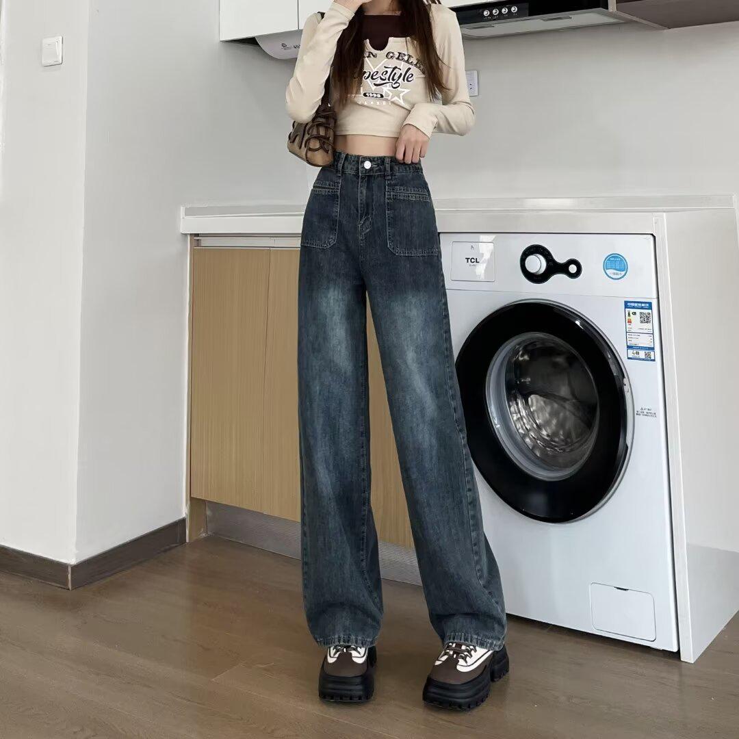 

Джинсы с высокой посадкой свободного прямого кроя в корейском стиле для женщин - Повседневная мода осень/зима M