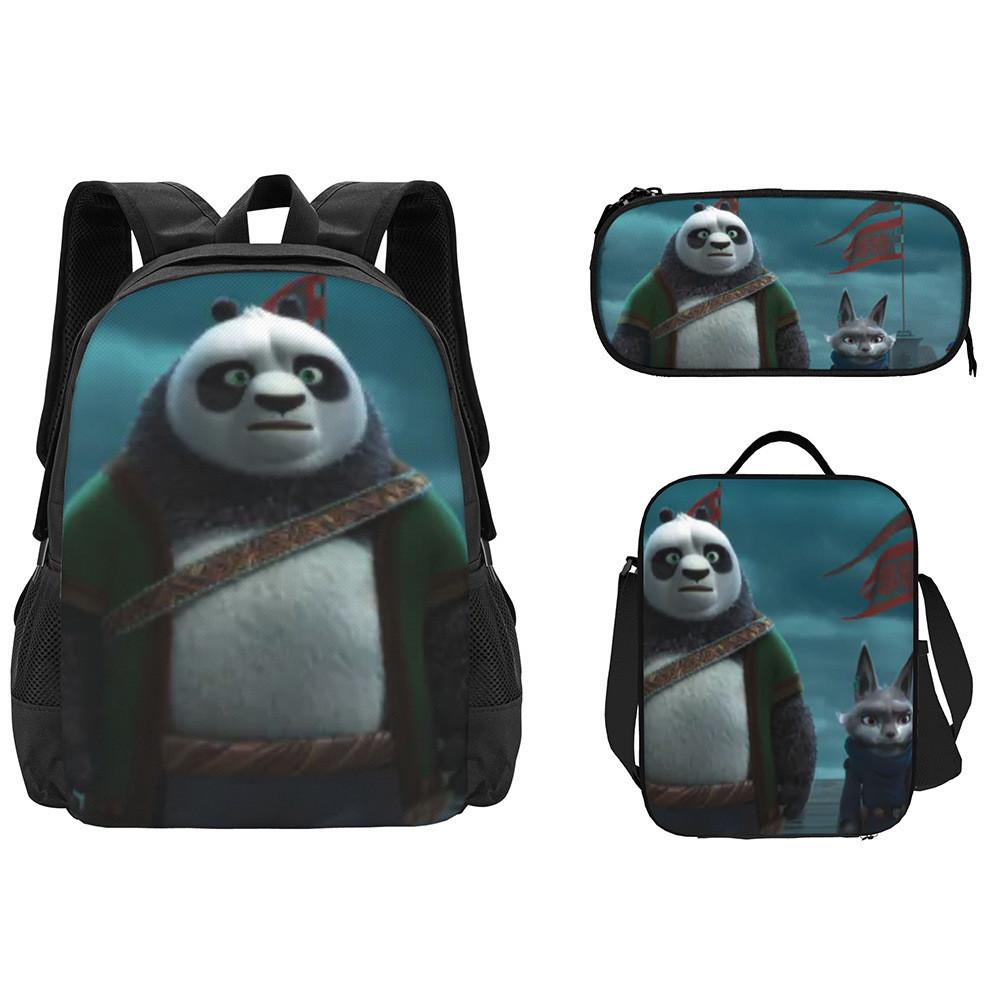Kung Fu Panda Backpack Set Waterproof Cartoon Design For Kids School 3-piece Set