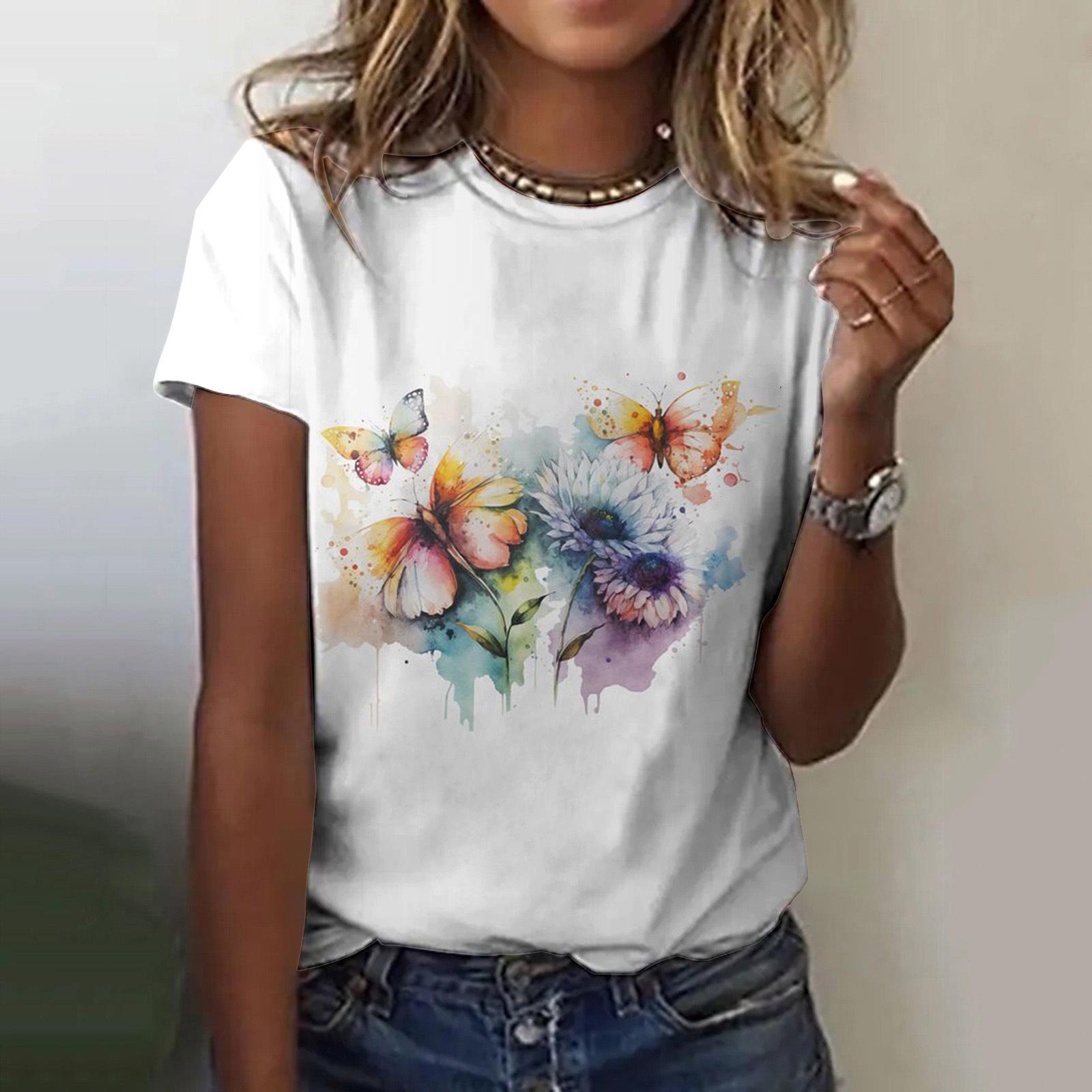 

Летний топ с круглым вырезом и 3D-цветочным принтом, модные повседневные женские футболки с короткими рукавами XS