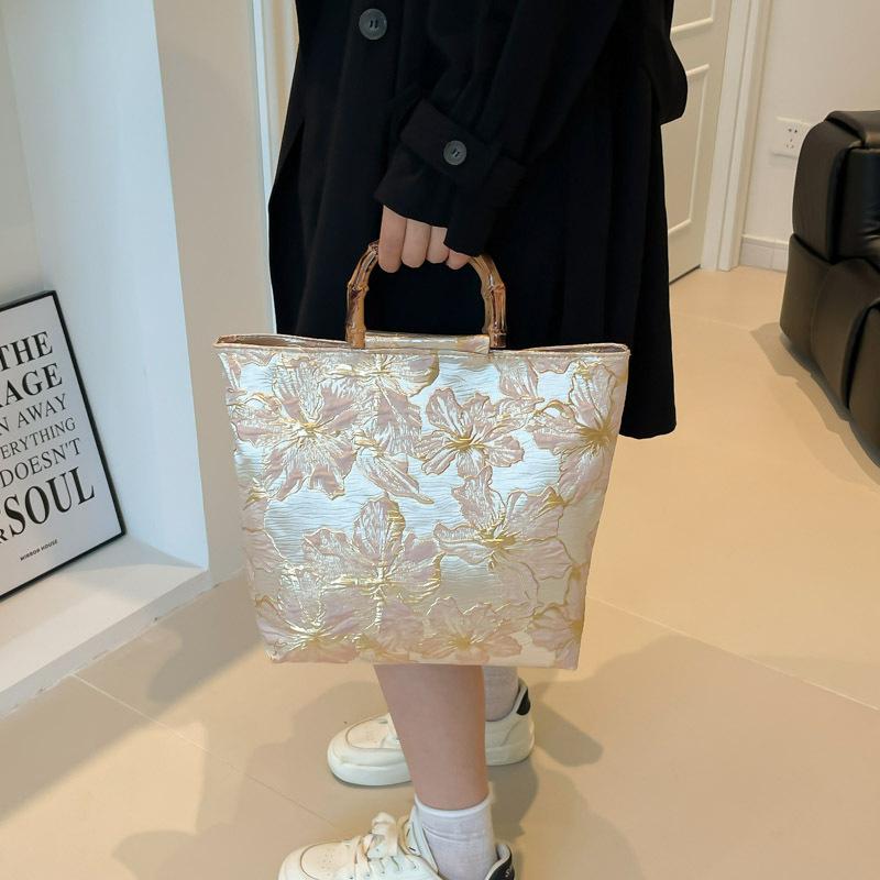 Vintage Green Bottom Dark Red Jacquard Canvas Large Capacity Bags, Women's Handbag, Portable Storage Zipper Closure