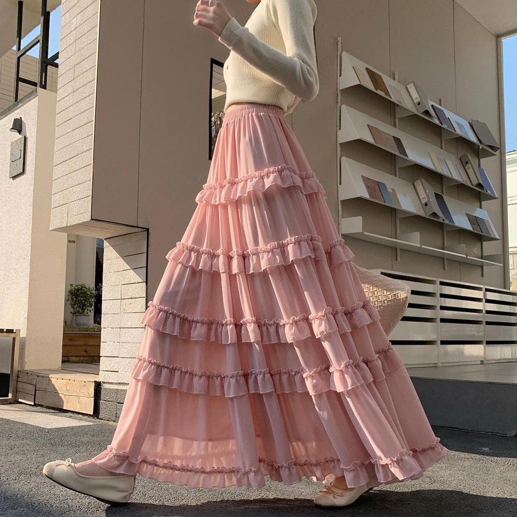 Women's French Ruffled Chiffon A-Line Dress - Slimming High Waist Fairy Skirt for Spring 2026