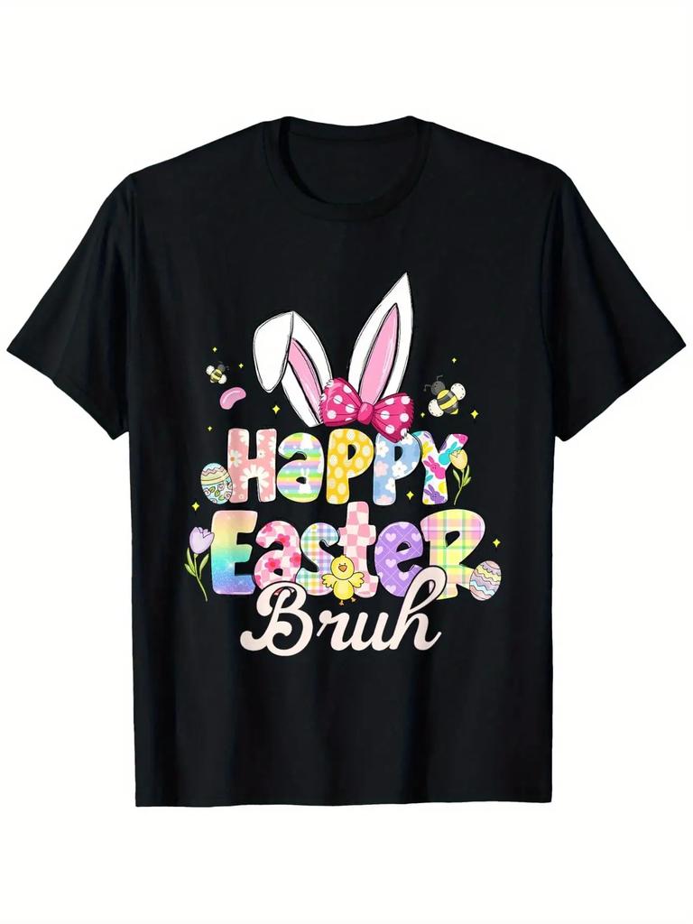 Happy Easter Bruh Bunny Ears Graphic Tee Casual Short Sleeve Round Neck Cotton T-Shirt for Men Women
