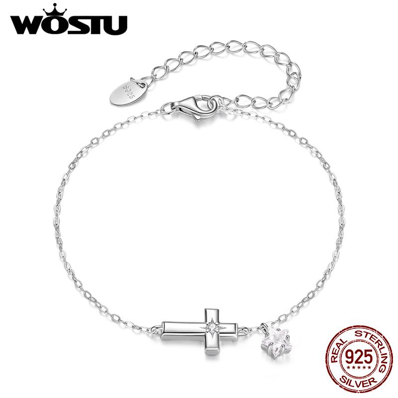 WOSTU 925 Sterling Silver Classic Cross Style Zircon Chain Bracelet For Women Fashion Stacking Cross Wrist links Family Gift