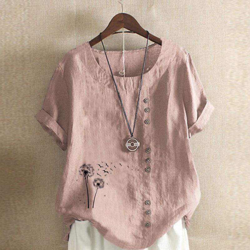 Women's Fashion Black Dandelion Prined Short Sleeve T-shirt Loose Cotton Shirt Casual Loose Summer Blouse Plus Size Tops