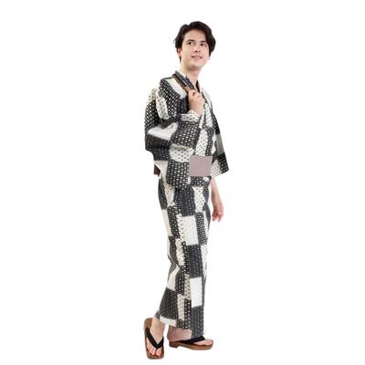 Yukata 4 Waist L Different Checkered Z3216CLB250 [Fuuka] Men's Set, Pieces, Obi, Strap, Geta, Men's, Size, Gray, Dots, (Waist Strap/Square Obi/Beige)