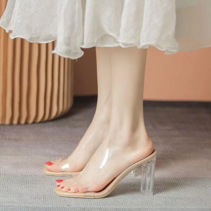 Transparent high heels 2025 new fashion sexy crystal thick heel sandals slippers women's summer outer wear temperament middle heel