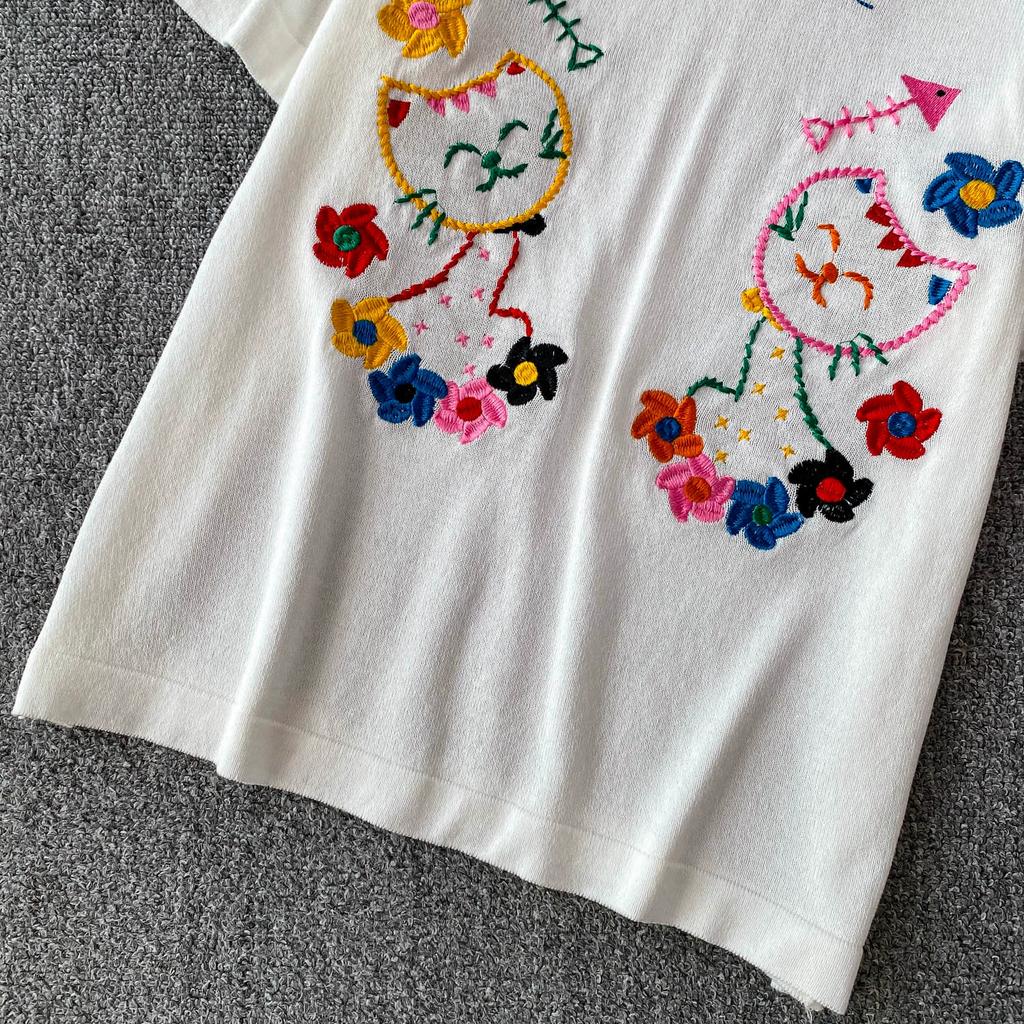 Summer Women College Sweet Cat Embroidery Knitted Sweater Pullover Tops For Girl