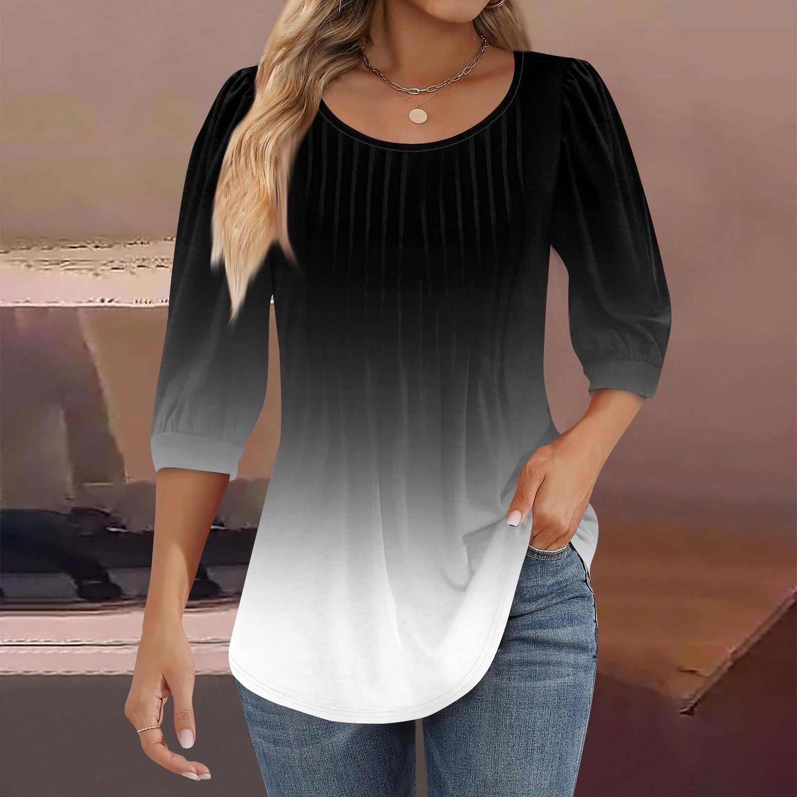 

Женские туники с пышными рукавами 3/4, топы, плиссированные блузки с воротником, повседневные свободные весенне-летние футболки L чёрный