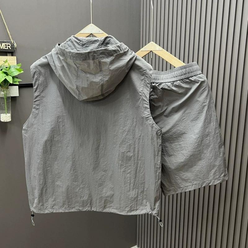 Casual Hooded Sleeve Suit Men's Summer Tooling Thin Loose Fashion Couple Sleeveless Shorts Two-piece Set