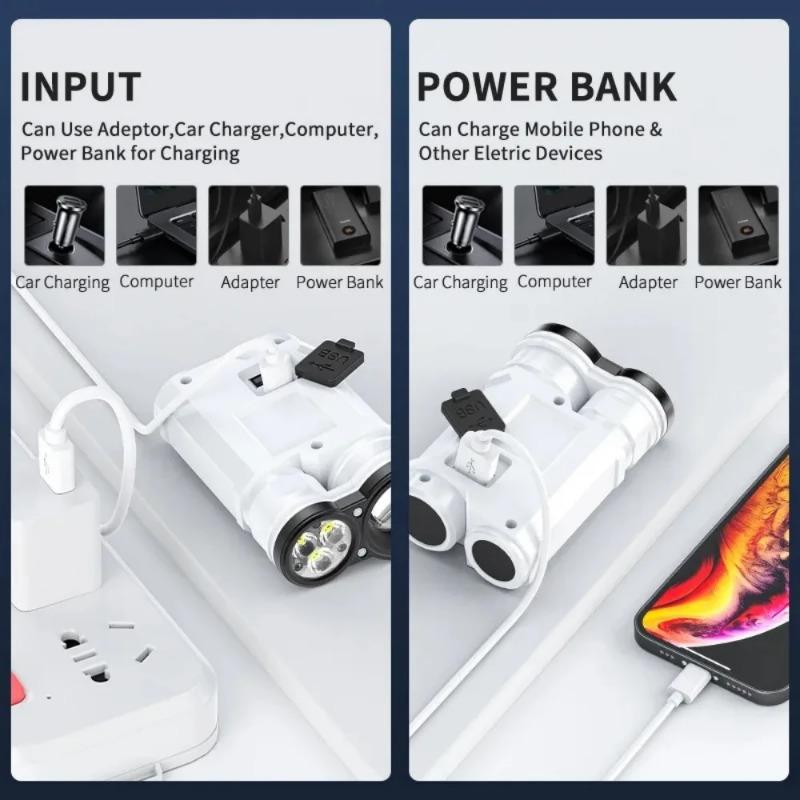 LED Dual Light Source Flashlight USB Rechargeable Bright Floodlight Camping Torch 5 Modes Emergency Work Lamp Built-in Battery