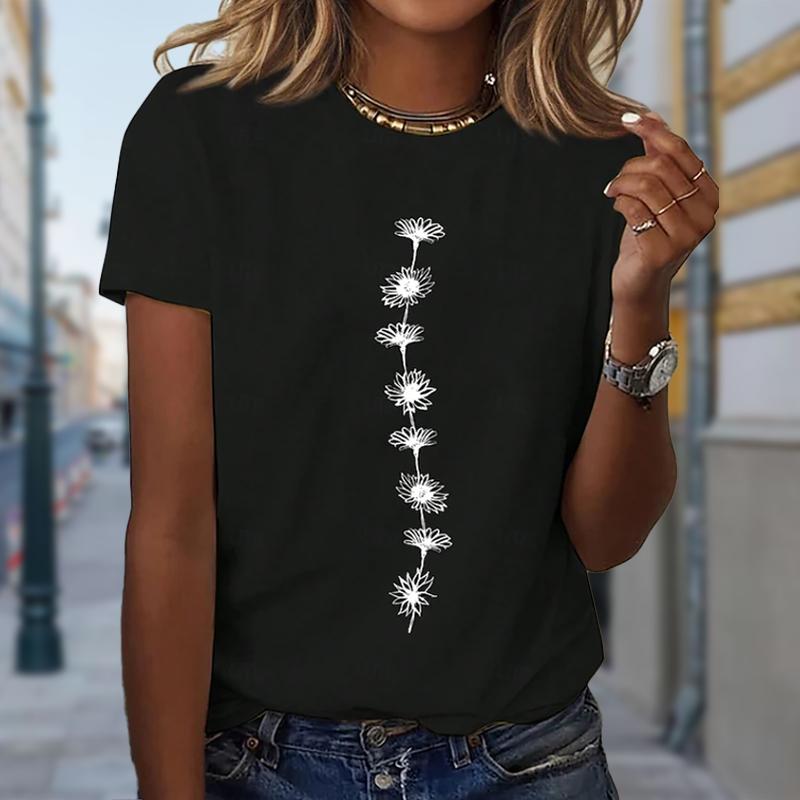 

Женская летняя футболка Ретро мода Футболки с коротким рукавом Повседневные топы с цветочным принтом 4XL чёрный