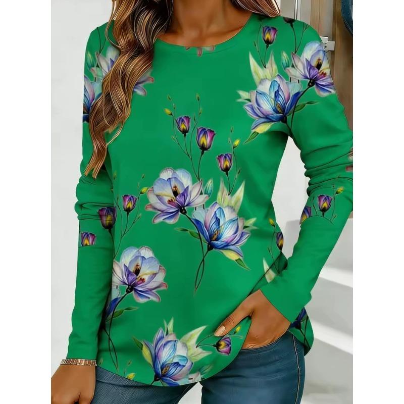 Women' 3D Floral Print T-shirt O Neck Long Sleeved Spring Autumn T-Shirts Fashion Loose Casual Retro Tops