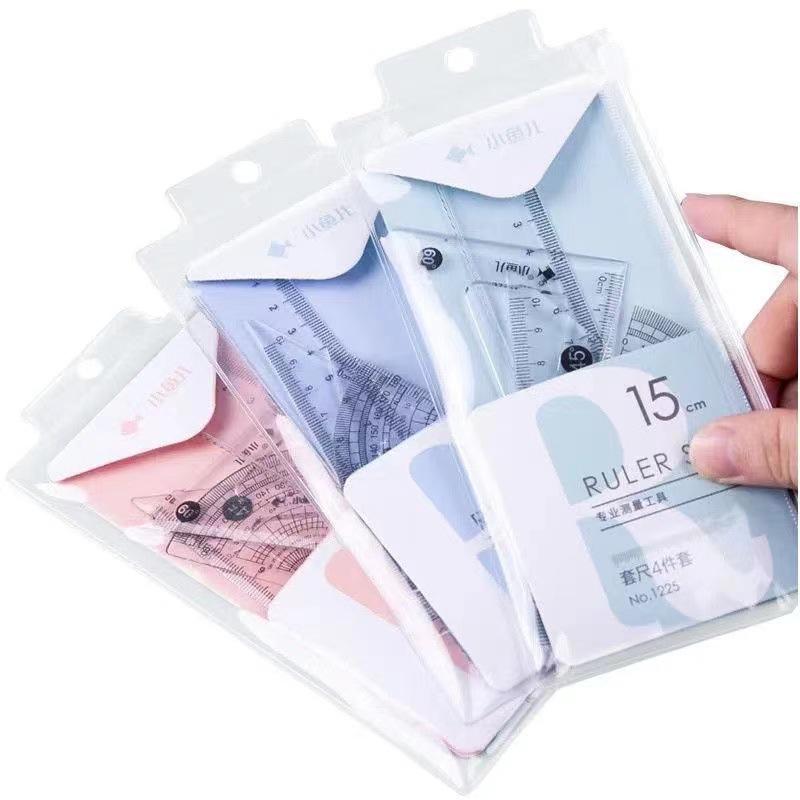 15cm Student Exam Set: 4-Piece Transparent Ruler & Wavy Line Triangle Stationery Set