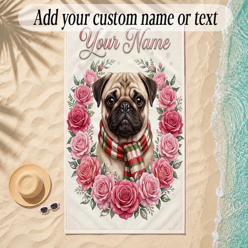 Pug Theme Soft Beach Towel Personalized Custom Name Text Towel Portable for Beach Pool Travel