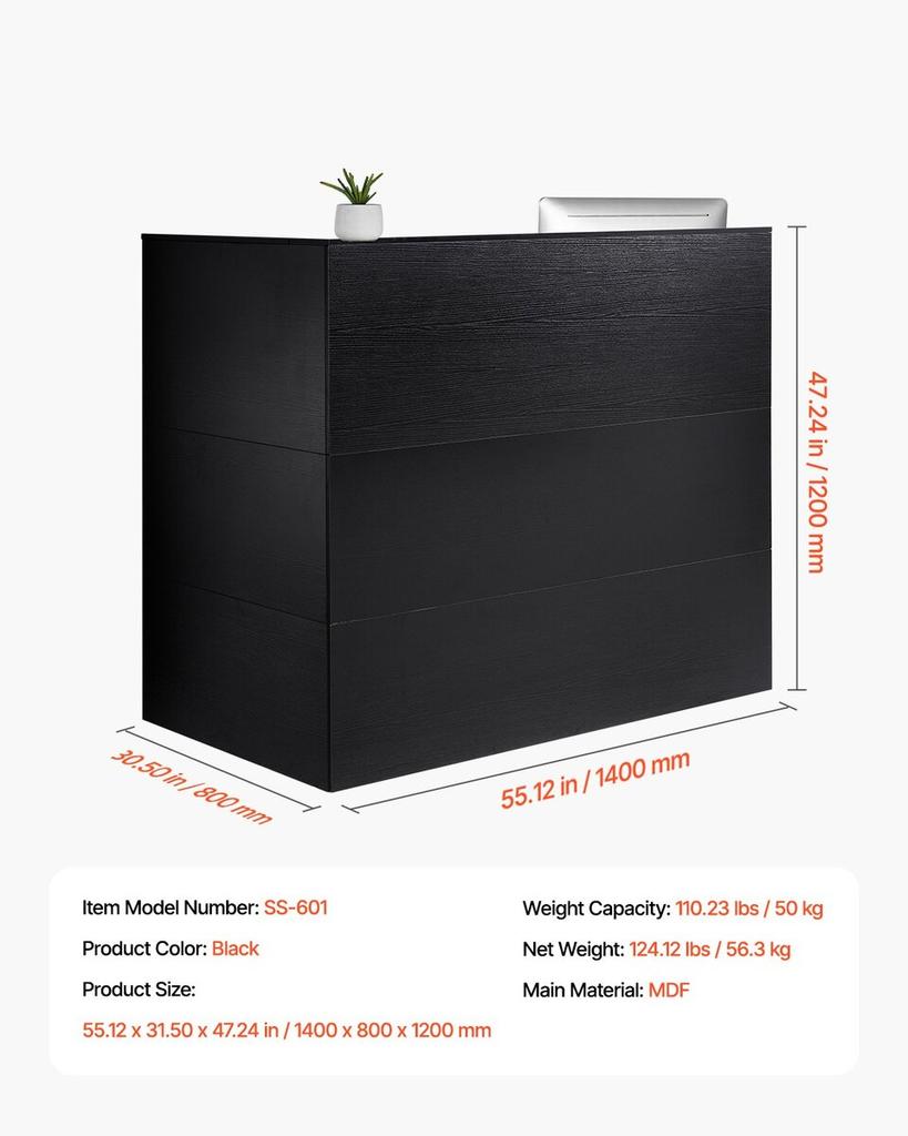Reception Desk, 55.12 x 31.50 x 47.24 in L-Shaped Front Counter Table, Office Reception Counter with Drawer Keyboard Tray and Storage Cabinet, for