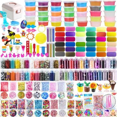 Jecimco Schleim-Set, Kristall-Ton, DIY-Ton-Set, Ton, Spielspielzeug, handgefertigte Werkzeuge, Fischglas, Perlen, Fruchtscheiben, buntes Schaumkonfetti, enthält 71 flauschige Teile