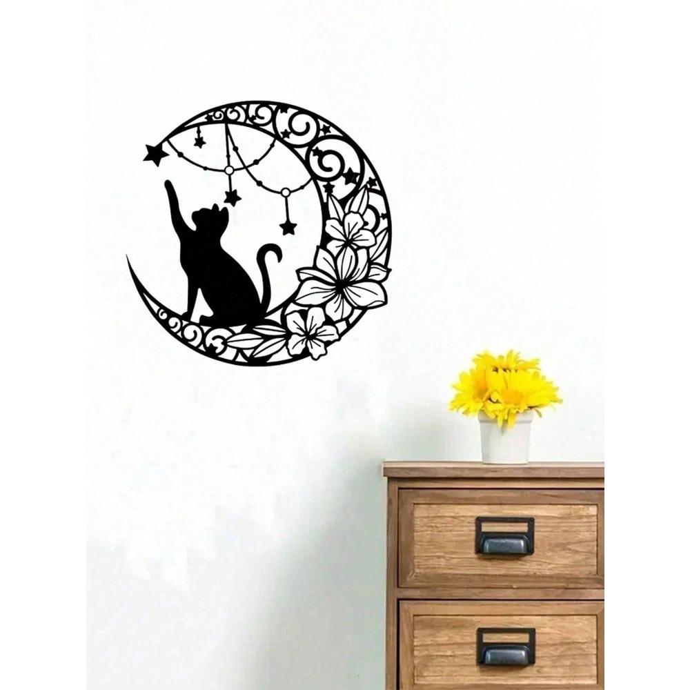 Wrought Iron Black Cat Wall Sculpture Vintage Halloween Home Decor Gothic Metal Art Ornament for Indoor Outdoor Hanging