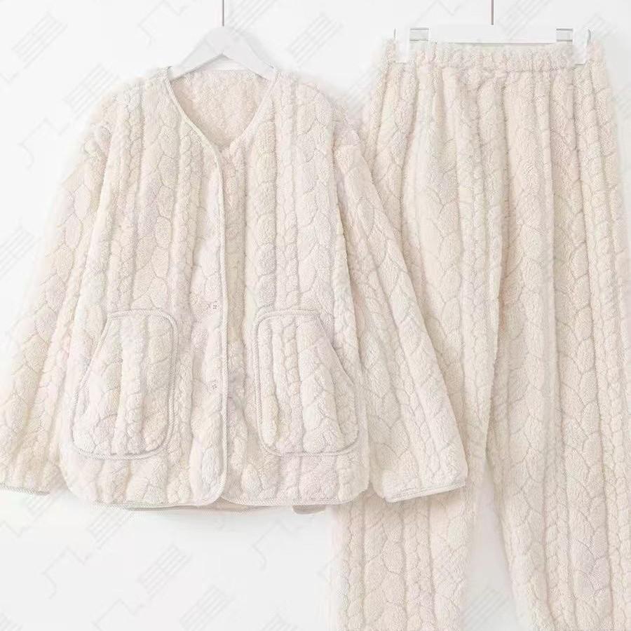 

Женский плюшевый, холодостойкий, антистатический, мягкий жаккардовый дизайн «Колосок», женская домашняя одежда, комплект с брюками L бежевый