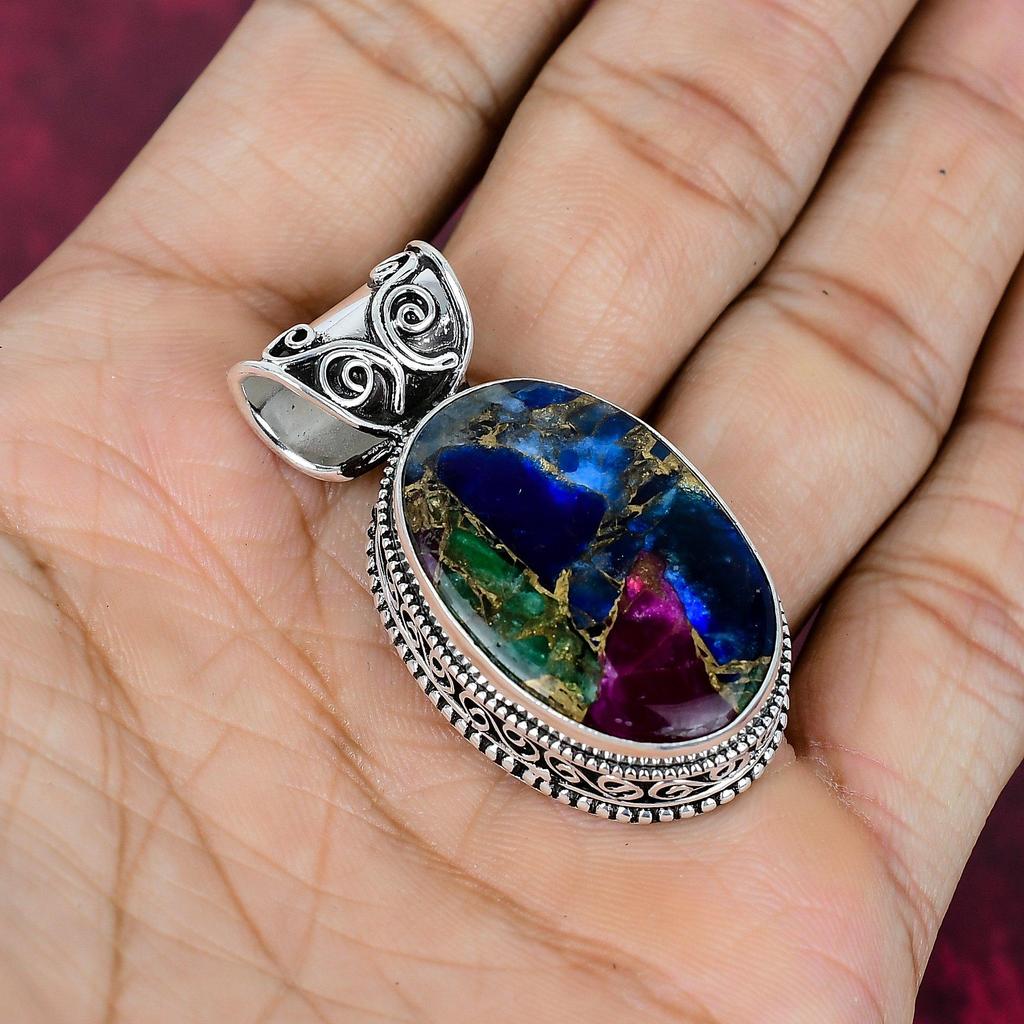 Multi Copper Turquoise Handmade Gemstone Pendant, 925 Solid Sterling Silver Pendant Beautiful Jewelry, Designer Pendant
