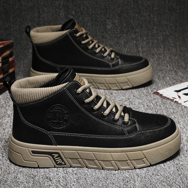 Men's Shoes 2025 New Autumn Leather Waterproof Comfortable Casual Trendy Shoes Men's British Wear-resistant Mid-help Tooling Board Shoes