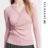 ELLASSAY Women's 2024 Autumn Merino Wool V-Neck Pleated Waist Knit Sweater