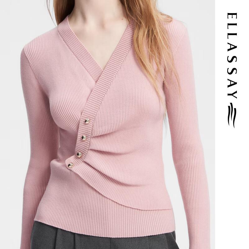 ELLASSAY Women's 2024 Autumn Merino Wool V-Neck Pleated Waist Knit Sweater