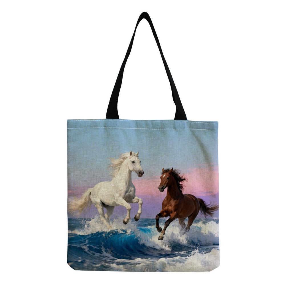 Women Vintage Linen Tote Bag - Large Capacity Horse Print Shoulder Handbag for Casual & Grocery Shopping KTB