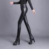 Women's Winter Outer Black High Waisted and Plush PU Tight Fitting Small Foot Leather Pants