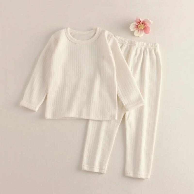 

2 шт./набір Осінній дитячий термопіжамний набір Ребристий одяг для дому Дитячий домашній одяг М який одяг для сну з круглим вирізом для хлопчиків та дівчаток 90 бежевий