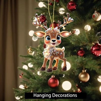 Yousheng 2D Flat Reindeer Car Rear View Mirror Charm Acrylic Cartoon Elk Christmas Tree Hanging Ornament Auto Interior Accessories for Window Wall