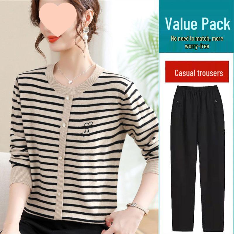 Mom's 2025 Autumn Striped Long-Sleeve Knit Sweater for Middle-Aged & Elderly Women