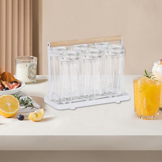 Yousheng 6-Hook Iron Cup Holder Rustproof Metal Drying Rack with Wooden Handle Space-Saving Kitchen Organizer for Mugs Glasses Bottles