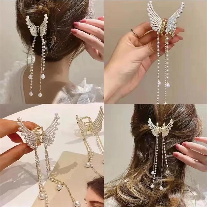 Exquisite Rhinestone Butterfly Fringe Hair Claw Korean New Ponytail Braid Pearl Hair Clip Girl Crab Metal Headdress Gift